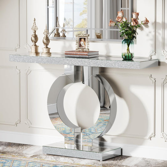 Emoottoo Modern Mirrored Console Table, Glass Sofa Table with Mirror Finish, 43-Inch Entryway Table with O-Shaped Base, Rectangular Accent Foyer Table for Living Room Hallway Entrance (Silver)