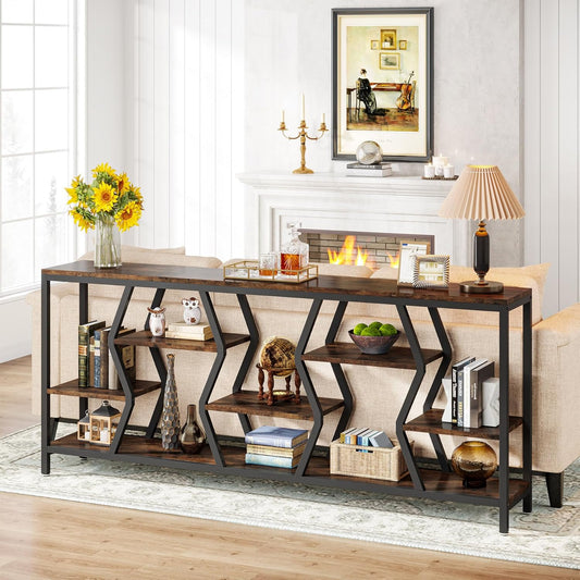 Emoottoo 70.9 Inches Sofa Console Table with 4 Tier Wood Storage Shelves, Industrial Extra Long Narrow Entryway Accent Tables for Hallway, Living Room, Foyer (Rustic Brown)