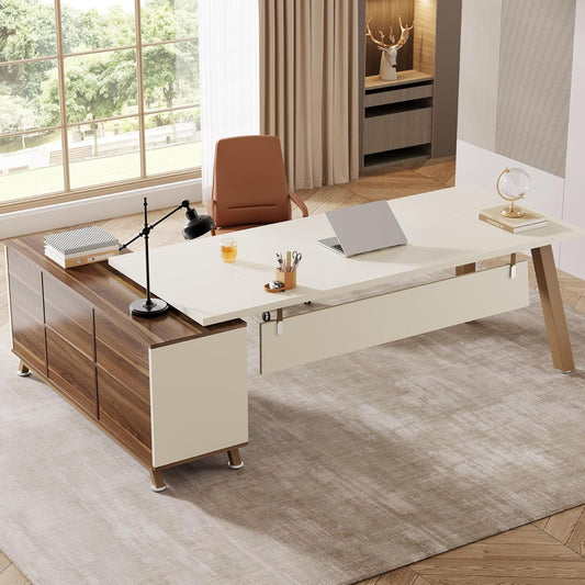 Emoottoo 78.7-Inch Executive Desk, L-Shaped Desk with 55-Inch Cabinet, Large Office Desk with Storage Shelves, Modern Computer Desk for Home Office, White & Walnut