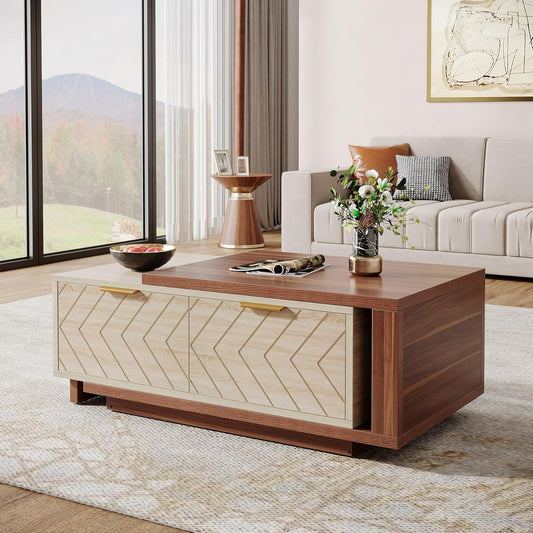 Emoottoo Extendable Coffee Table with 2 Storage Drawers, Dual-Tone Center Table with Sliding Tabletop, Multi-Functional Hidden Storage Wooden Rectangle Cocktail Table for Living Room