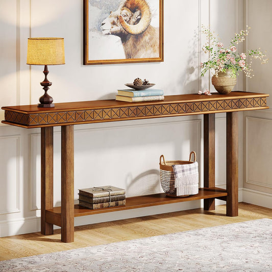 Emoottoo 70.9-Inch Extra Long Console Table, Solid Wood Sofa Table Behind Couch Narrow Long, 2-Tier Entryway Accent Table with Storage for Living Room, Hallway, Entrance, Foyer, Rustic Brown