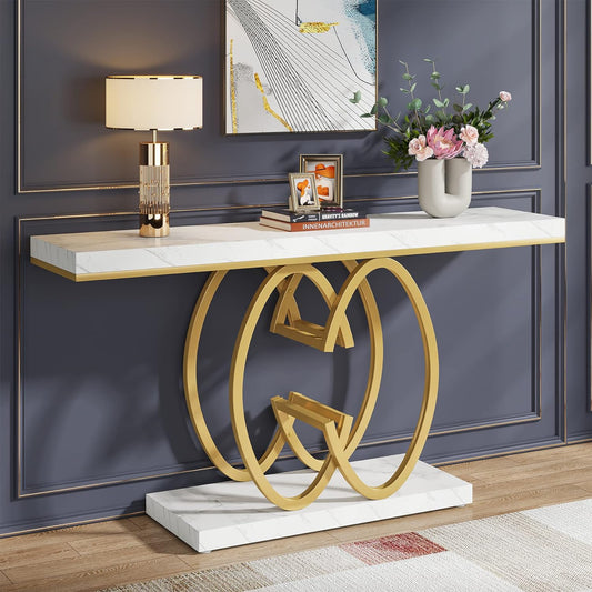 Emoottoo 55 Inch Console Table for Hallway, Faux Marble Gold Entryway Table with Geometric Metal Base, Modern Narrow Sofa Accent Table for Entrance, Living Room, Foyer (White & Gold)