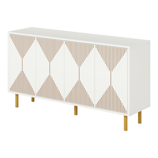 59" Luxury White & Gold Sideboard, 4-Door Storage Cabinet with Geometric Diamond Fluted Pattern, Modern Buffet Credenza