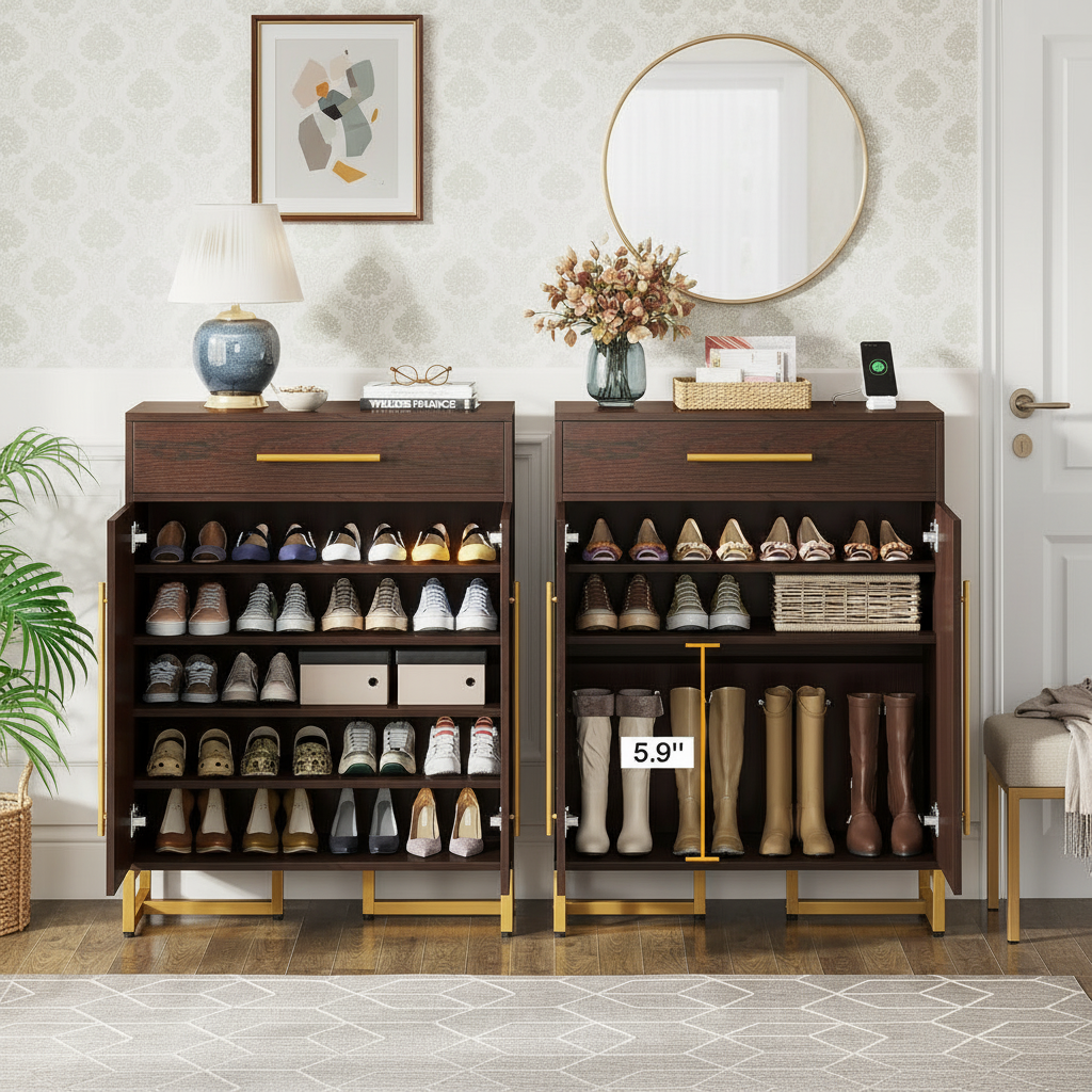 EMOOTTOO Mid-Century Modern 6-Tier Shoe Cabinet with Herringbone Carved Doors, Walnut, 31.5" Wide
