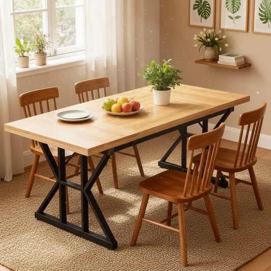 Emootto 71" Industrial Farmhouse Dining Table - Natural Oak & Black Rectangular Kitchen Table with Heavy Duty Metal X-Legs, Large Executive Desk for 6 People