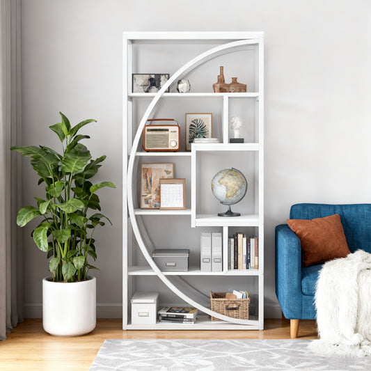 Emootto 71" Tall Modern White Half-Moon Bookshelf, 5-Tier Etagere Bookcase with 8 Open Shelves, Narrow Geometric Display Rack for Living Room, Home Office, Minimalist White