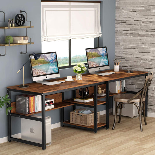 Emoottoo Two Person Desk with Bookshelf, 78.7 Computer Office Double Desk for Two Person, Rustic Writing Desk Workstation with Shelf for Home Office (Brown)