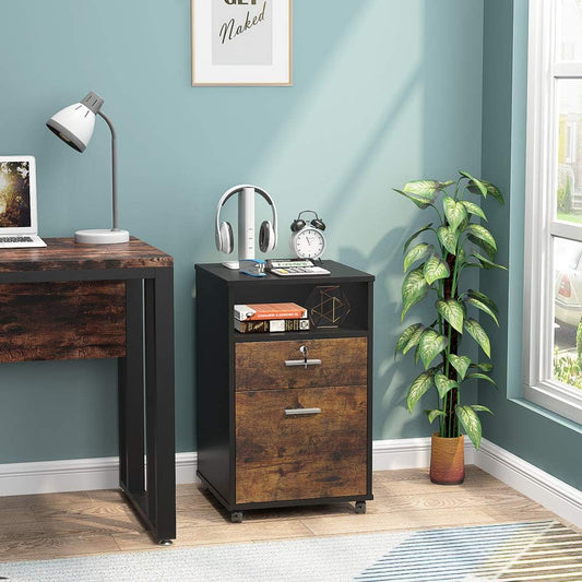 Emoottoo 2 Drawer Mobile File Cabinet with Lock, Wood Modern Filing Cabinet for Letter Size, Printer Stand with Rolling Wheels and Open Storage Shelf for Home Office(Rustic Brown)