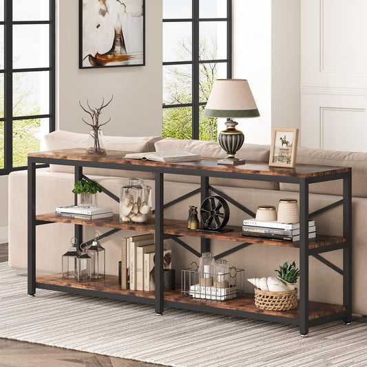 Emoottoo 70.9 Inch Extra Long Console Table, Modern Sofa Table Behind Couch Table with Storage Shelves, 3-Tier Industrial Hallway Entryway Table for Living Room, 3 Shelf Bookshelf(Brown)