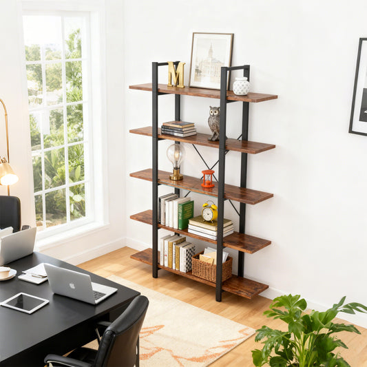 Emootto 70" Tall Industrial 5-Tier Bookshelf, Wide Etagere Bookcase with Rustic Brown Wood Grain, Heavy-Duty Metal Frame Storage Shelf for Living Room & Home Office