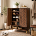 EMOOTTOO Mid-Century Modern 6-Tier Shoe Cabinet with Herringbone Carved Doors, Walnut, 13.77" Wide