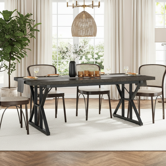 Emootto 71" All-Black Industrial Dining Table - Dark Walnut Rectangular Kitchen Table with Heavy Duty Metal X-Legs, Modern Conference Table for 6 People