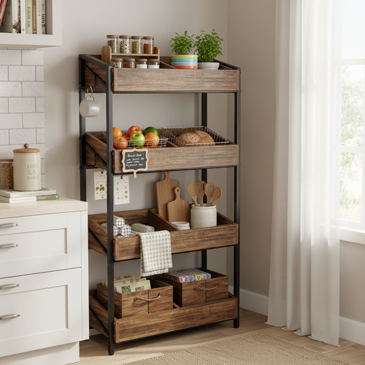Emootto 4-Tier Industrial Snack Display Rack - Slanted Wood Bin Storage Shelves with 4 Metal Hooks, Retail Merchandise Stand & Kitchen Produce Organizer, Rustic Brown