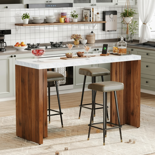 Emootto 55" Modern Bar Table - Faux Marble Counter Height Pub Table with Walnut Pedestal Legs, Minimalist Console Table for Kitchen & Living Room