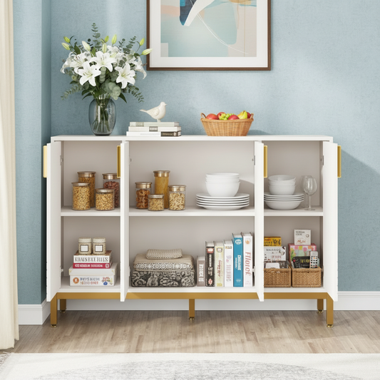 Emootto 59" Luxury White & Gold Buffet Sideboard, Modern 4-Door Storage Cabinet with Fluted Texture and Geometric Lattice Detail, Elegant Coffee Bar for Dining Room