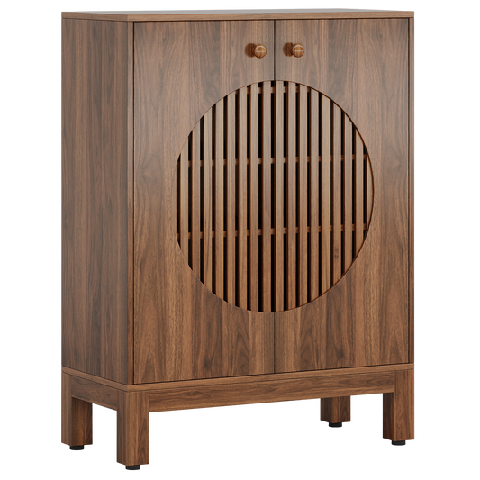 40" Japandi Walnut Shoe Storage Cabinet with Circular Slatted Doors, 5-Tier Entryway Organizer with Adjustable Shelves