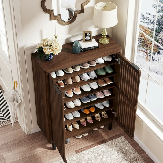 Emootto 43" Dark Walnut Shoe Storage Cabinet with Breathable Louvered Doors, 6-Tier Entryway Organizer with Adjustable Shelves & Industrial Metal Legs