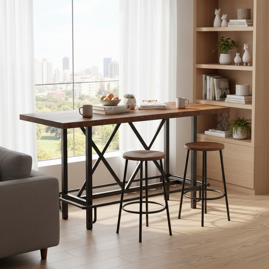 Emootto 63" Industrial Counter Height Dining Table - Rustic Brown Bar Table with 1.57" Thick Top and Metal Footrest, Large Kitchen Table for 6 People