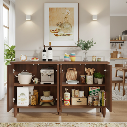 Emootto 59" Modern Buffet Sideboard Cabinet with Semicircle Pattern Doors, Walnut Storage Cabinet with Push-to-Open Design for Dining Room & Entryway