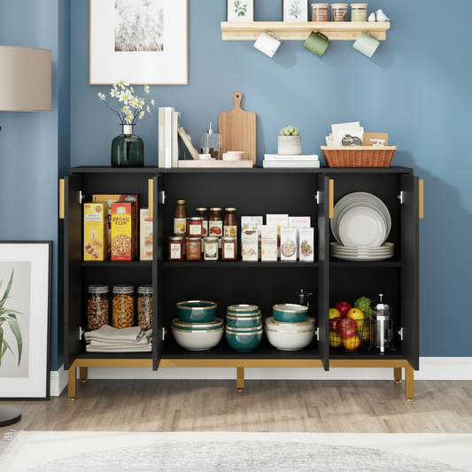 Emootto 59" Luxury Black & Gold Buffet Sideboard, Modern 4-Door Storage Cabinet with Fluted Texture and Geometric Metal Base, Elegant Credenza for Dining Room & Living Room
