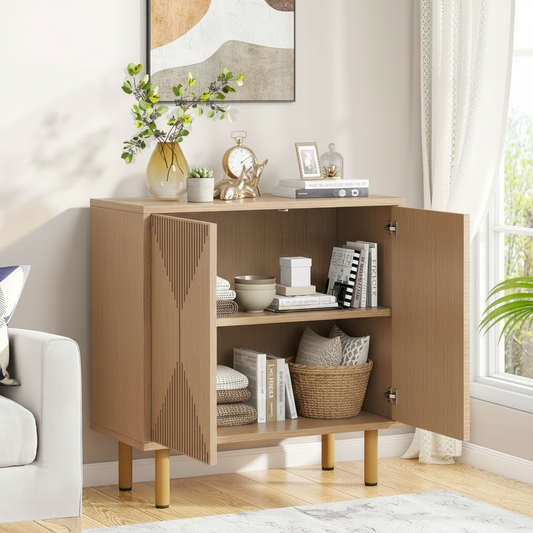 Emootto 58" Modern Natural Oak Sideboard, 4-Door Storage Cabinet with Geometric Diamond Fluted Pattern, Handle-free Buffet Cabinet for Living Room & Dining Room