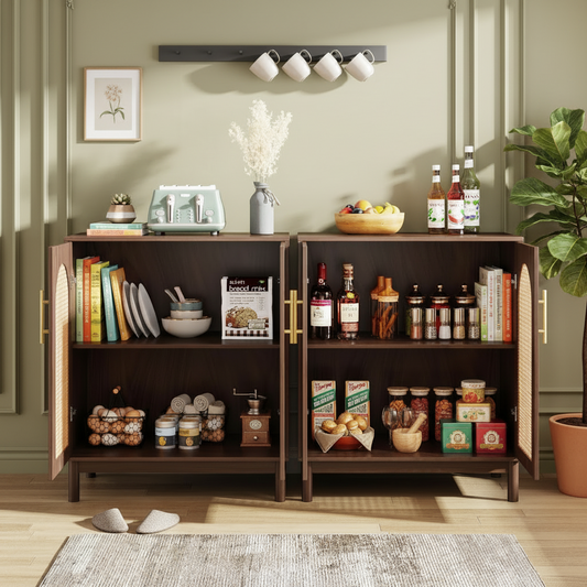 Emootto 59" Boho Rattan Buffet Sideboard, Set of 2 Accent Cabinets with Arched Handmade Rattan Doors, Mid-Century Modern Coffee Bar for Dining Room & Living Room