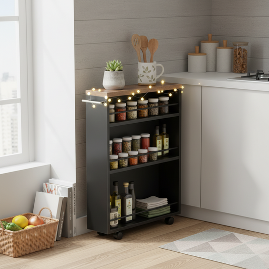 Emootto 32" Slim Rolling Storage Cart - 4-Tier Narrow Industrial Kitchen Trolley with Handle, Black & Rustic Wood Gap Organizer on Wheels for Small Spaces