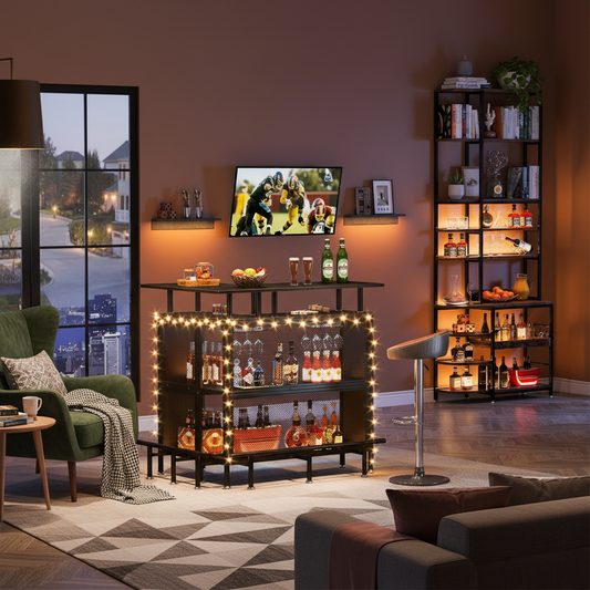 Emootto L-Shaped Home Bar Unit - Modern Corner Bar Table with Stemware Holder & 2-Tier Storage Shelves, Mini Liquor Cabinet with Footrest for Home Pub