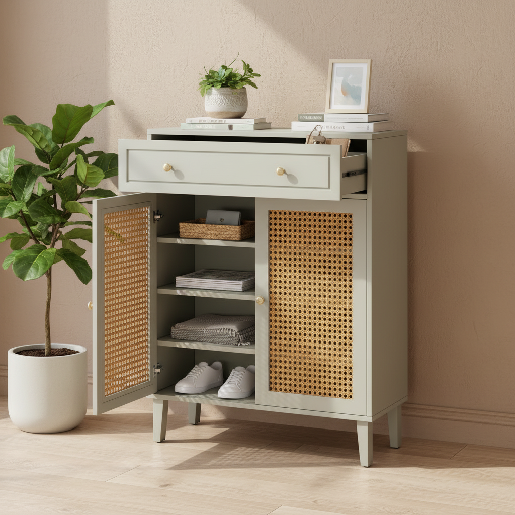 EMOOTTOO 44" Mint Green Shoe Storage Cabinet with Rattan Doors and Drawer