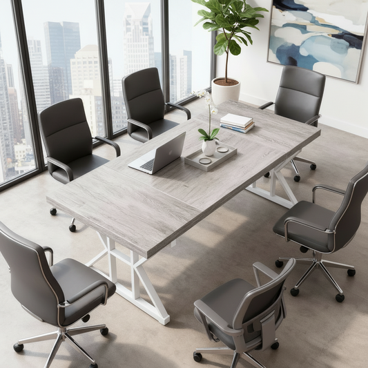 Emootto 71" Modern Farmhouse Dining Table - Grey & White Rectangular Kitchen Table with Industrial Metal X-Legs, Large Executive Desk for 6 People