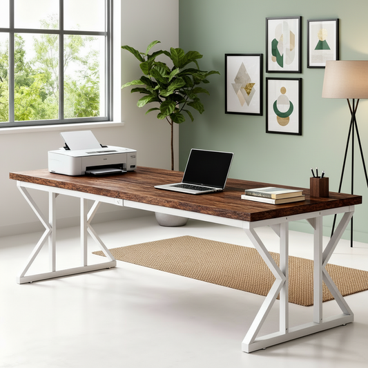 Emootto 71" Modern Conference Table - Rustic Brown & White Rectangular Meeting Table with Industrial X-Legs, Large Executive Desk for 6 People