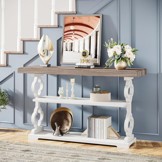 Emoottoo Farmhouse Console Table, 55 inch Long Sofa Table with Storage Shelves, 3 Tier Wood Accent Entry Table for Hallway, Entrance, Living Room, Foyer, Grey and White