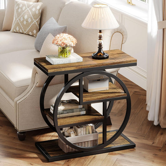 Emoottoo End Table for Living Room, 4-Tier Narrow Side Table with Storage Shelves, Industrial Bedside Table for Bedroom, Wood Small Sofa Side Table with Geometric Metal Frame