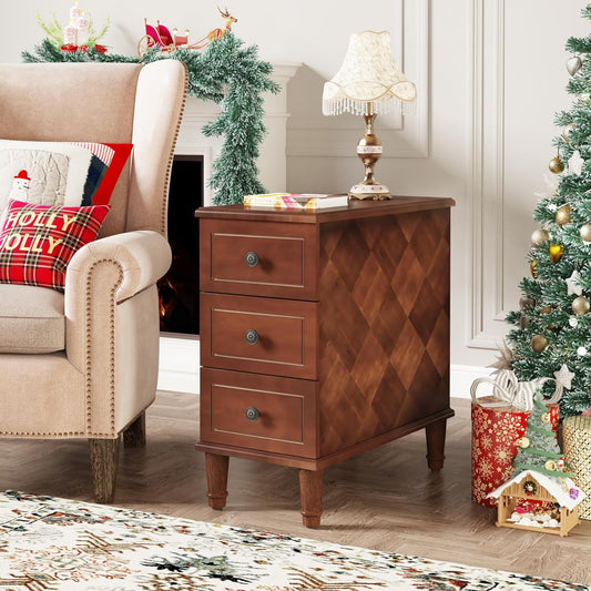 Emoottoo Solid Wood End Table, Fully Assembled Narrow Side Table with Drawers, Pre-Assembled Nightstand Slim Bedside Table for Small Spaces, Living Room, Bedroom,