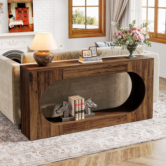 Emoottoo Console Table, 63 Inches Narrow Sofa Entryway Table with 2-Tier Storage Shelf, Hallway Behind Couch Table Accent Table for Living Room, Rustic Brown