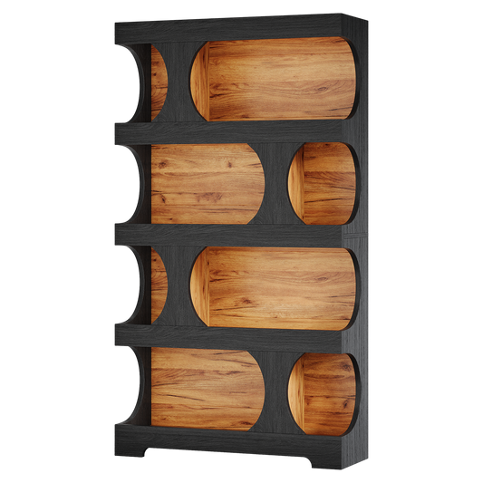 71" Tall Modern Arched Cut-Out Bookshelf, 4-Tier Large Black & Brown Contrast Display Shelf, Artistic Geometric Storage