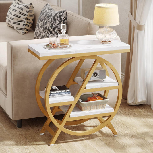 EMOOTTOO End Table for Living Room, 3-Tier Faux Marble Side Table with Storage, Wood Narrow Sofa Side Table with Geometric Metal Frame, Modern Nightstand and Bedside Table for Bedroom, Gold & White
