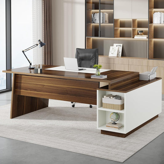 Emoottoo L-Shaped Executive Office Desk, 70.5-Inch Mid-Century Modern Executive Desk with Storage Cabinet and Shelves, Large Computer Desk for Home Office, Brown + White