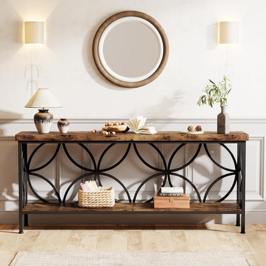 Emoottoo 70.9-Inch Narrow Sofa Table, Industrial Long Sofa Table Behind Couch, Entry Console Table with Storage for Entryway, Living Room, Foyer, Unique Design, Rustic Brown | Narrow, Industrial, Long, Entry Console Table, with Storage