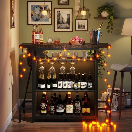 Emootto 47" Industrial Home Bar Unit - 3-Tier Liquor Bar Table with 4 Stemware Racks, Rustic Brown Wine Cabinet with Footrest for Home Pub & Bistro