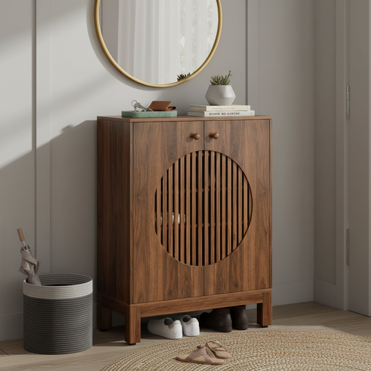 40" Japandi Walnut Shoe Storage Cabinet with Circular Slatted Doors, 5-Tier Entryway Organizer with Adjustable Shelves