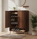 EMOOTTOO Mid-Century Modern 6-Tier Shoe Cabinet with Herringbone Carved Doors, Walnut, 13.77" Wide