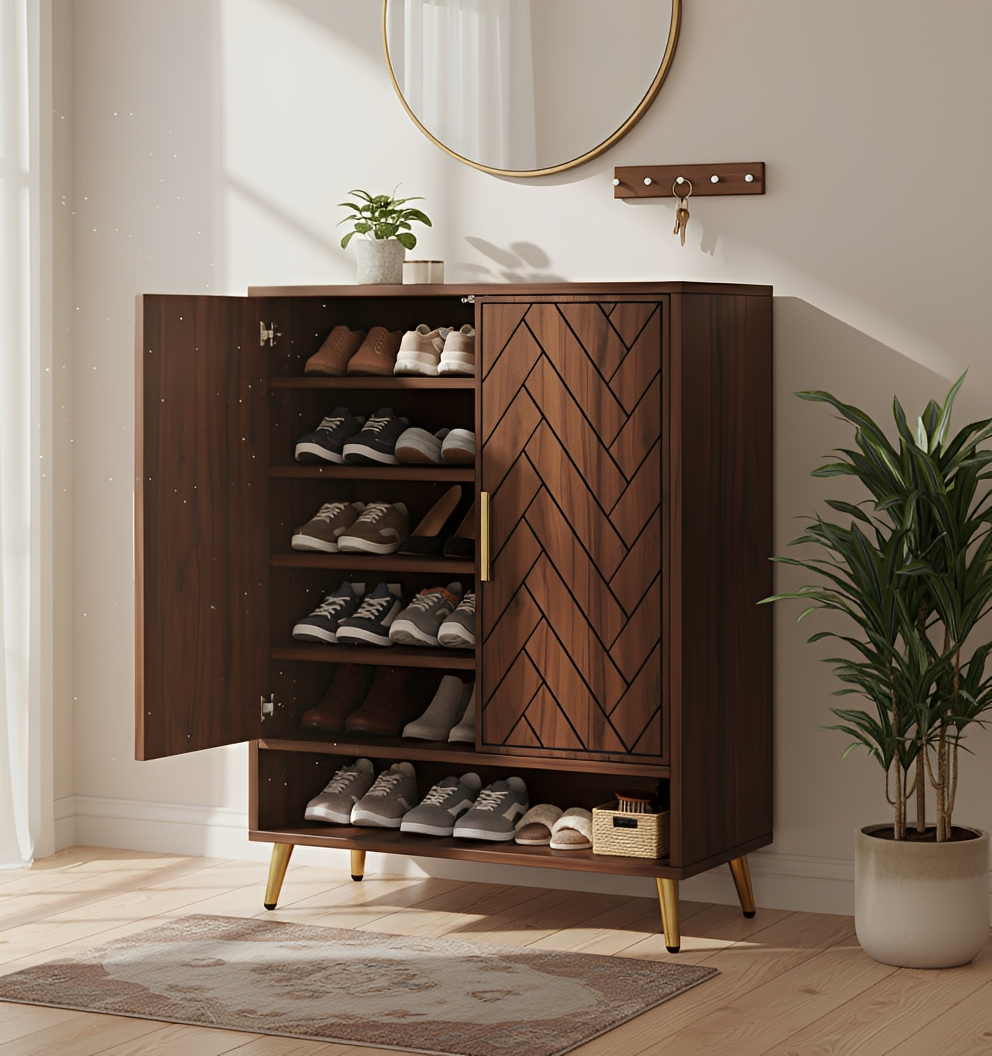 EMOOTTOO Mid-Century Modern 6-Tier Shoe Cabinet with Herringbone Carved Doors, Walnut, 13.77" Wide