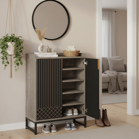 Emootto Modern 5-Tier Shoe Cabinet with Doors, Industrial Grey & Black Shoe Storage Organizer for Entryway, Large Capacity Wooden Shoe Rack for 20-25 Pairs