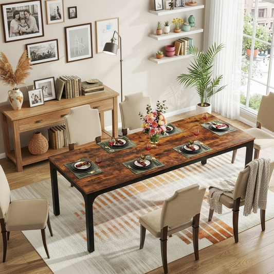 Emootto 79" Industrial Dining Table - Extra Long Rustic Brown Kitchen Table with Metal Legs, Large Conference Meeting Table for 6-8 People