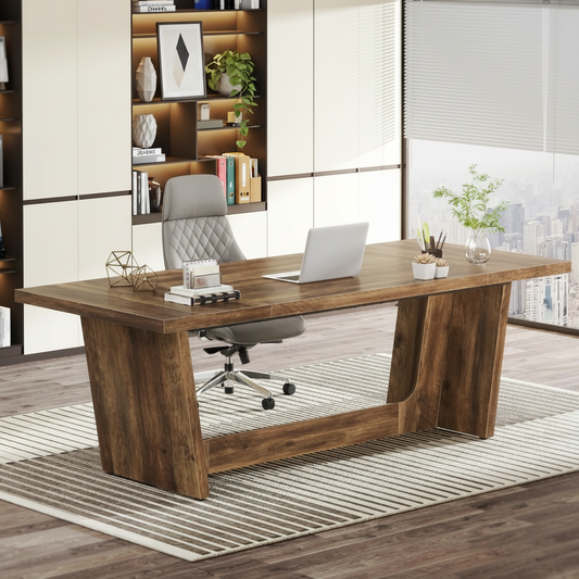 Emootto 71" Executive Pedestal Desk - Rustic Brown Large Computer Office Desk, Industrial Wood Dining Table for 6-8 People