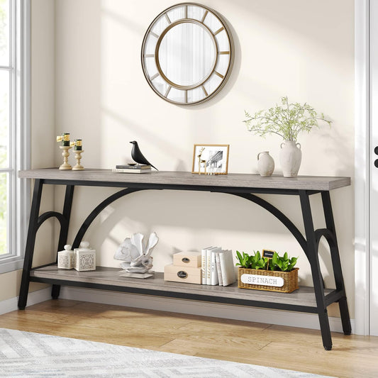 Emoottoo 70.8”Sofa Tables, Extra Long Console Tables for Entryway, 2 Tier TV Stand with Black Steel Frame for Living Room, Grey Wood Grain