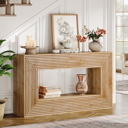 Emoottoo 59-Inch Wood Console Table, Farmhouse Fluted Entryway Table with Storage, Long Sofa Table Behind Couch, Rectangular Accent Entrance Furniture for for Living Room, Foyer, Hallway, Natural