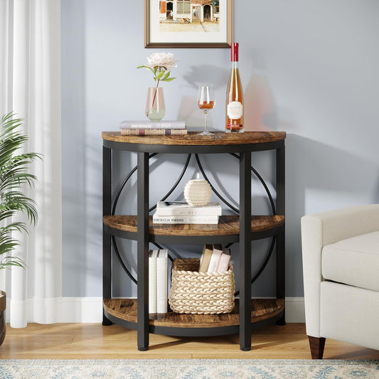 Emoottoo Half Round End Table for Living Room, 3-Tier Half Circle Side Table with Metal Frame, Industrial Half Moon Table, Half Coffee Accent Table Bedside Table for Bedroom, Brown