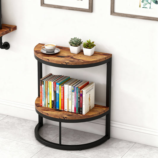 Emoottoo End Table Semi Circle, Small Half Round Side Table with Storage Shelf, Wood Accent Table Slim C Table for Sofa Couch, Living Room, Bedroom, Easy Assembly (Rustic Brown & Black, 2-Tier)